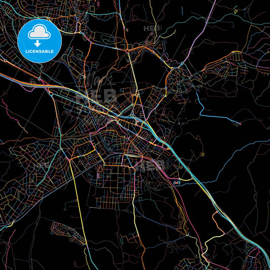 Collado-Villalba, Madrid, Spain, colorful city map on black background