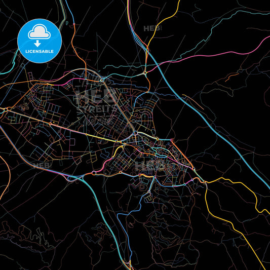 Arganda, 28500, Spain, colorful city map on black background