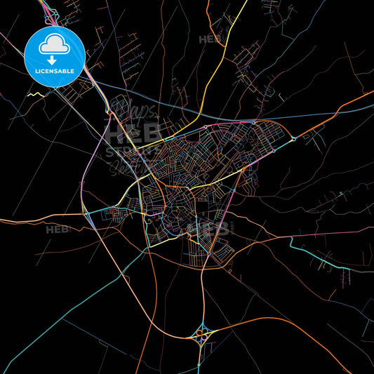 Utrera, Seville, Spain, colorful city map on black background