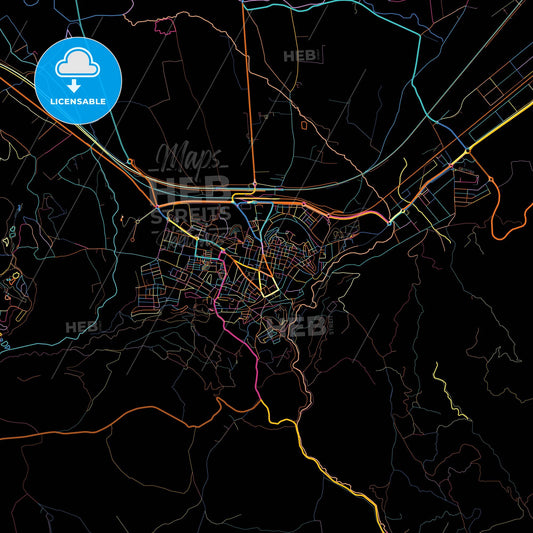 Antequera, Málaga, Spain, colorful city map on black background
