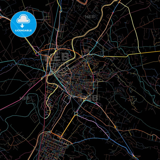 Alzira, Valencia, Spain, colorful city map on black background