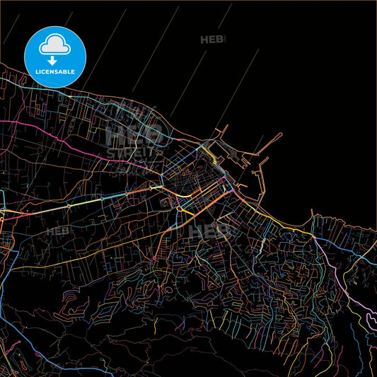 Denia, Alicante, Spain, colorful city map on black background