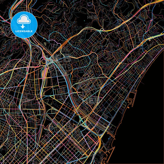 Llefià, 08913 Badalona, Spain, colorful city map on black background
