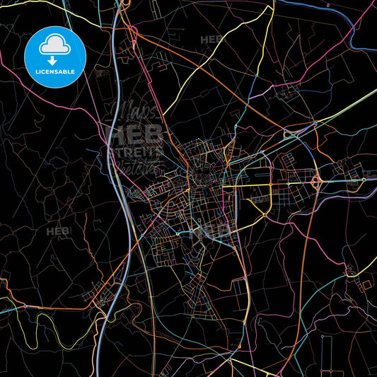 Figueres, Girona, Spain, colorful city map on black background