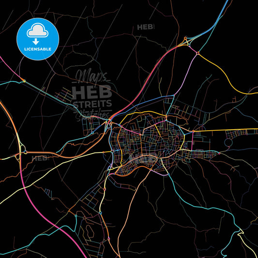 Lucena, Córdoba, Spain, colorful city map on black background