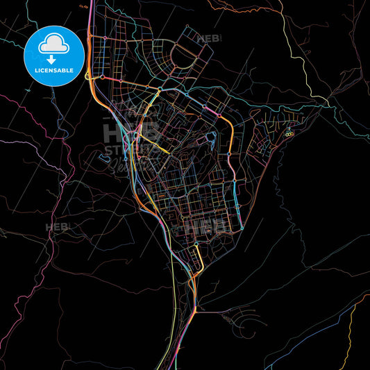 Tres Cantos, Madrid, Spain, colorful city map on black background