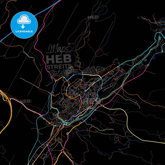 Plasencia, Cáceres, Spain, colorful city map on black background