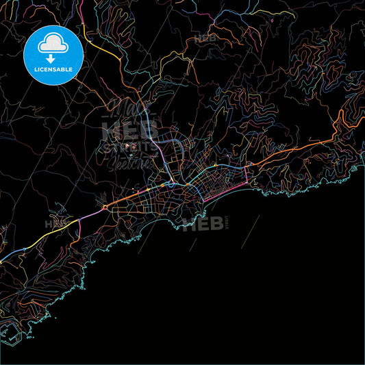 Lloret de Mar, Girona, Spain, colorful city map on black background