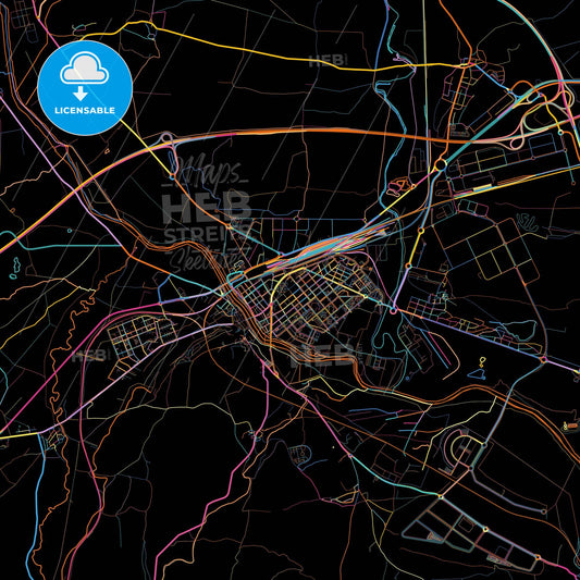 Miranda de Ebro, Burgos, Spain, colorful city map on black background