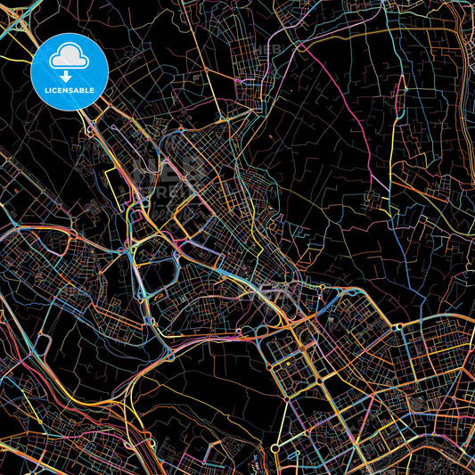 Burjassot, Valencia, Spain, colorful city map on black background