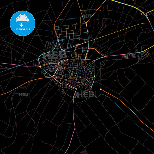 Don Benito, Badajoz, Spain, colorful city map on black background