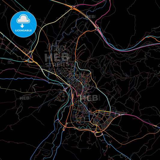 Teruel, Spain, colorful city map on black background