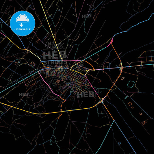 Yecla, Murcia, Spain, colorful city map on black background