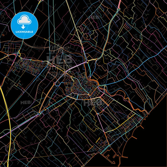 Burriana, Castellón, Spain, colorful city map on black background