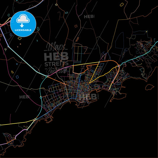 Águilas, Murcia, Spain, colorful city map on black background