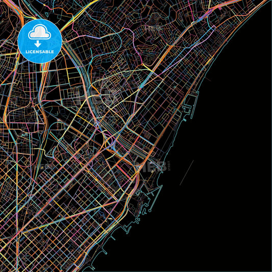 Sant Adrià de Besòs, Barcelona, Spain, colorful city map on black background