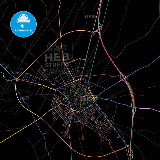 Almendralejo, Badajoz, Spain, colorful city map on black background