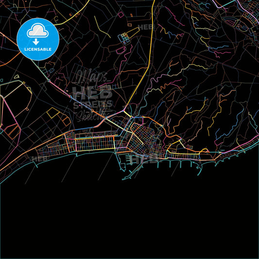 Santa Pola, Alicante, Spain, colorful city map on black background