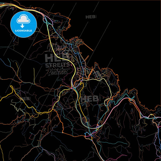 Castro-Urdiales, Cantabria, Spain, colorful city map on black background