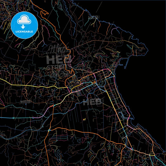 Javea, Alicante, Spain, colorful city map on black background