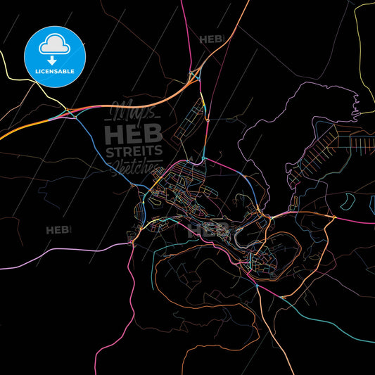 Arcos de la Frontera, Cádiz, Spain, colorful city map on black background