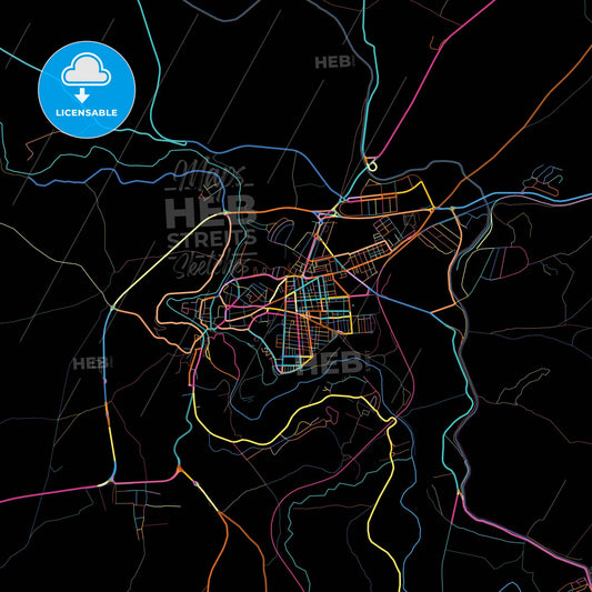 Puente-Genil, Córdoba, Spain, colorful city map on black background