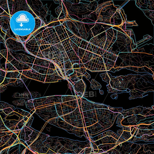 Stockholm, Sweden, colorful city map on black background
