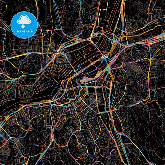 Gothenburg, Sweden, colorful city map on black background