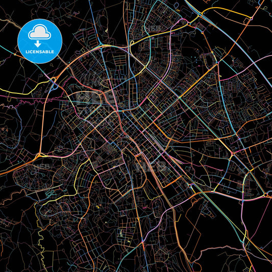 Uppsala, Sweden, colorful city map on black background