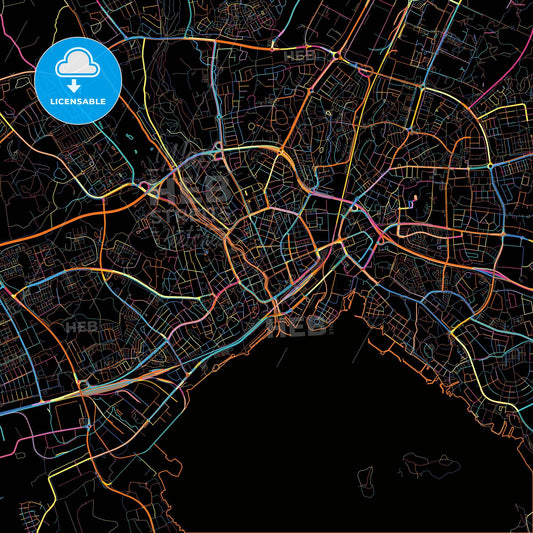 Västerås, Sweden, colorful city map on black background