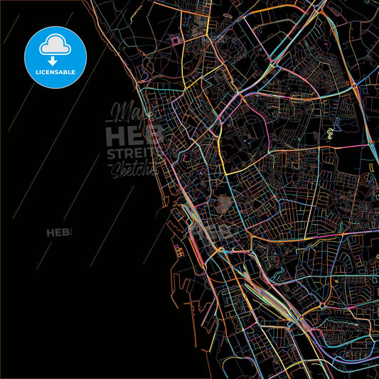 Helsingborg, Sweden, colorful city map on black background