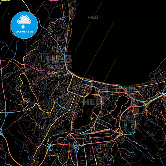 Jönköping, Sweden, colorful city map on black background