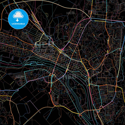 Umeå, Sweden, colorful city map on black background