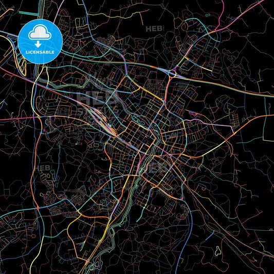 Eskilstuna, Sweden, colorful city map on black background