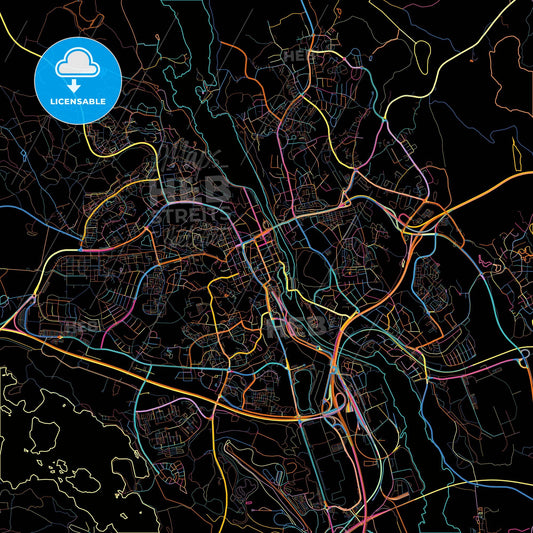 Södertälje, Sweden, colorful city map on black background