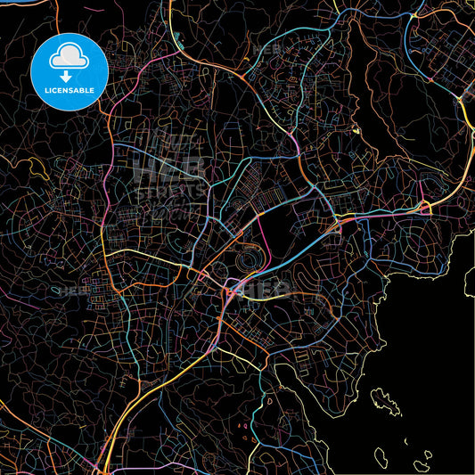 Täby, Sweden, colorful city map on black background
