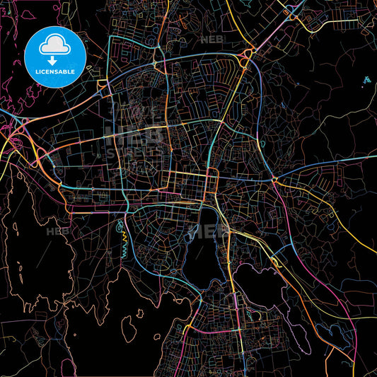 Växjö, Sweden, colorful city map on black background