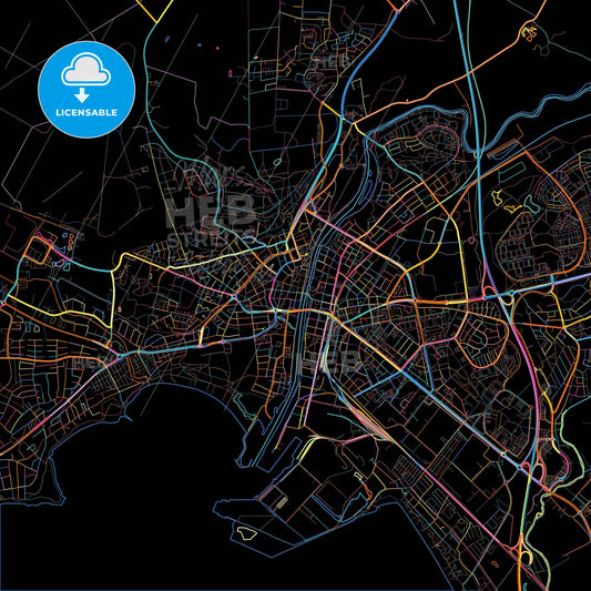 Halmstad, Sweden, colorful city map on black background