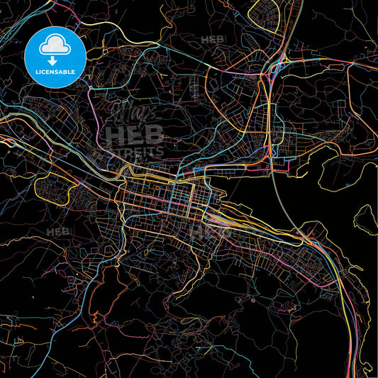 Sundsvall, Sweden, colorful city map on black background