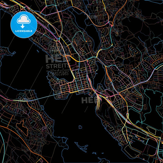 Luleå, Sweden, colorful city map on black background