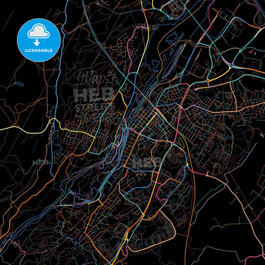 Trollhättan, Sweden, colorful city map on black background