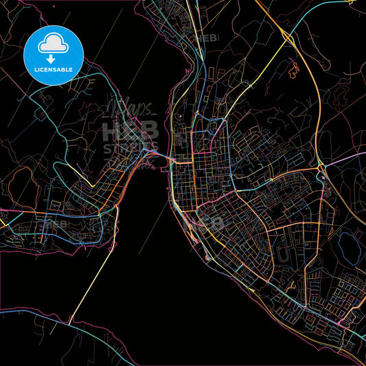Östersund, Sweden, colorful city map on black background