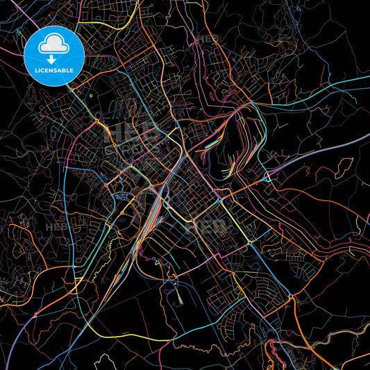 Borlänge, Sweden, colorful city map on black background