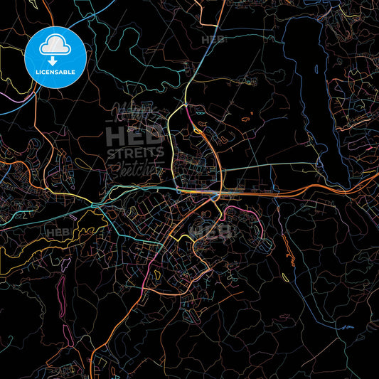 Tumba, Sweden, colorful city map on black background