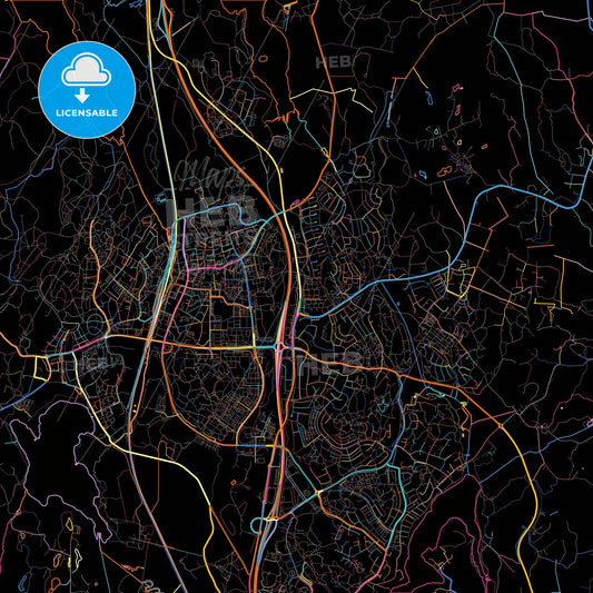 Upplands Väsby, Sweden, colorful city map on black background