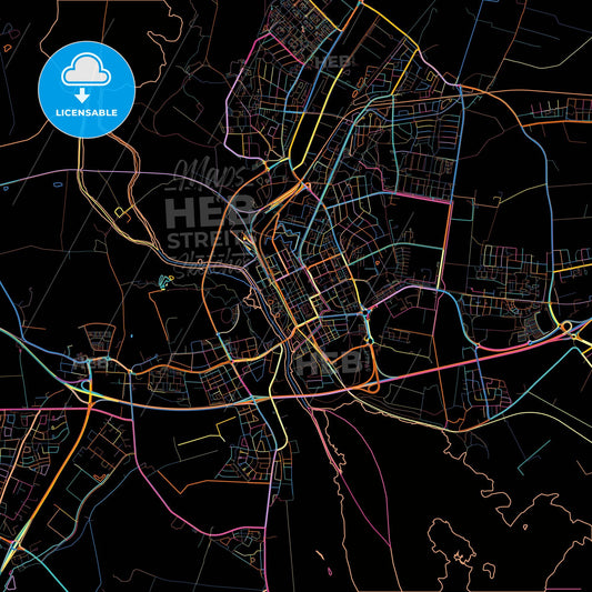 Kristianstad, Sweden, colorful city map on black background