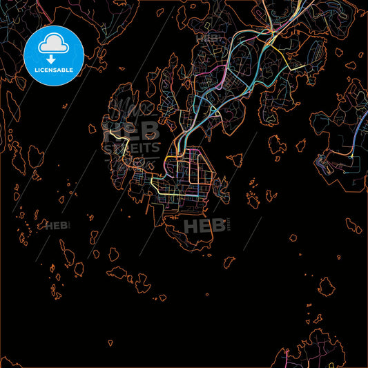 Karlskrona, Sweden, colorful city map on black background