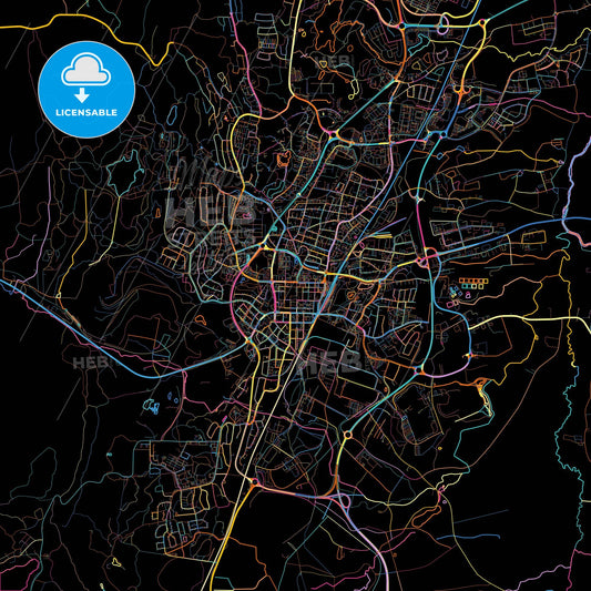 Skövde, Sweden, colorful city map on black background