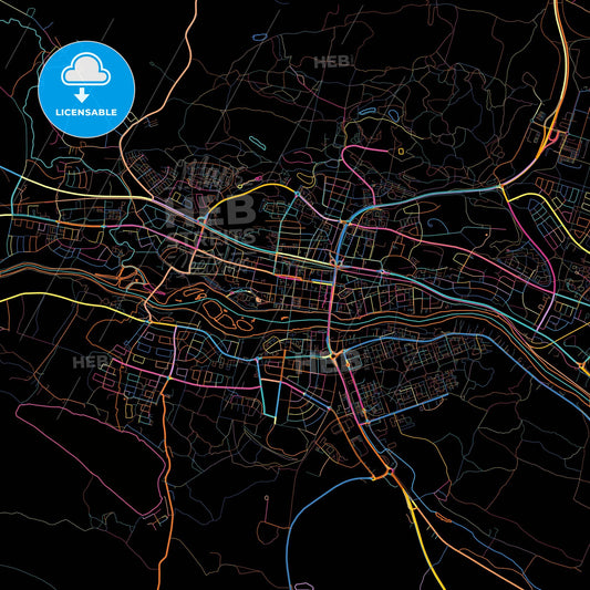 Skellefteå, Sweden, colorful city map on black background