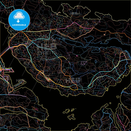 Lidingö, Sweden, colorful city map on black background
